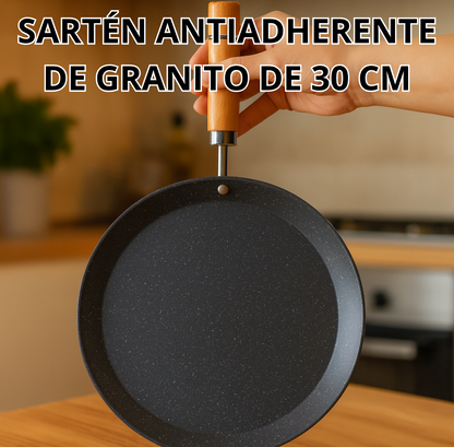 Sartén de Granito Antiadherente 30 CM con Mango de Madera